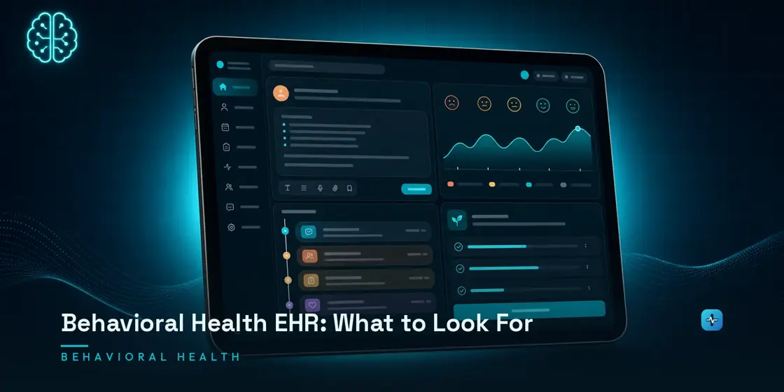 A tablet displaying a behavioral health dashboard with mood tracking, patient timeline, and treatment plan on a dark navy background