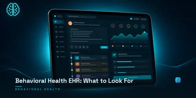 A tablet displaying a behavioral health dashboard with mood tracking, patient timeline, and treatment plan on a dark navy background