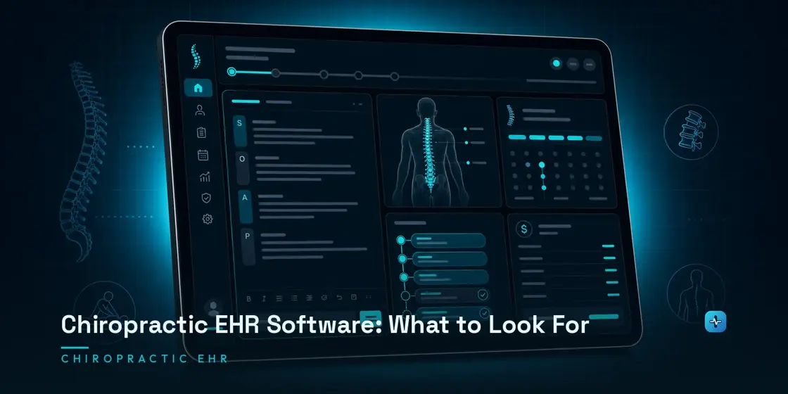 A tablet displaying a chiropractic EHR interface with SOAP note charting, spine body diagram, care-plan timeline, and billing summary on a dark navy background