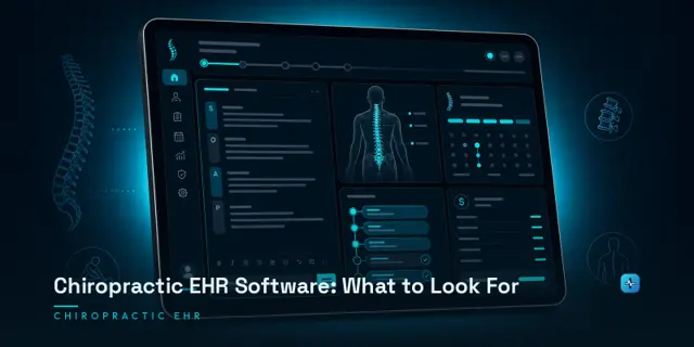 A tablet displaying a chiropractic EHR interface with SOAP note charting, spine body diagram, care-plan timeline, and billing summary on a dark navy background