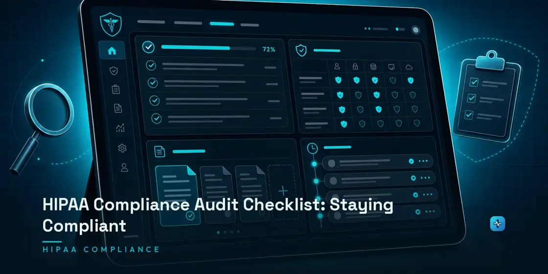 A tablet displaying a HIPAA compliance audit dashboard with checklist items, shield icons, and audit log timeline on a dark navy background