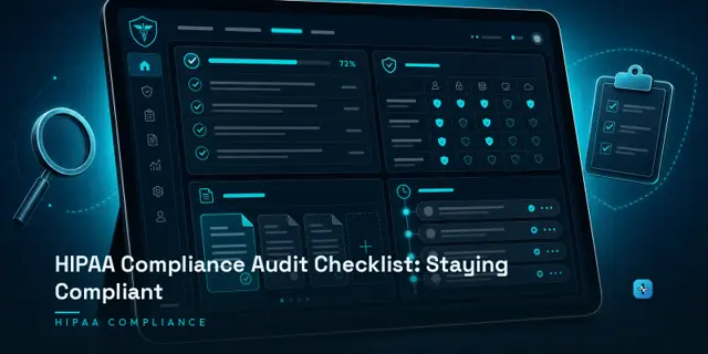 A tablet displaying a HIPAA compliance audit dashboard with checklist items, shield icons, and audit log timeline on a dark navy background