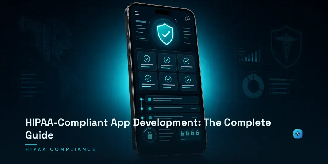 A smartphone showing a HIPAA compliance dashboard with a shield icon, security status grid, and audit log on a dark navy background