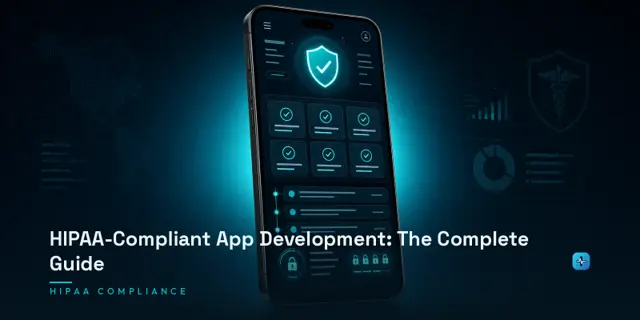 A smartphone showing a HIPAA compliance dashboard with a shield icon, security status grid, and audit log on a dark navy background