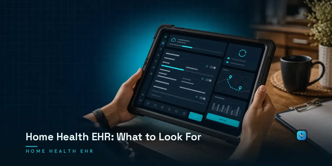 A home health nurse's hands charting a patient visit on a rugged tablet at a kitchen table, showing an offline charting interface with OASIS assessment and sync status on a dark navy background