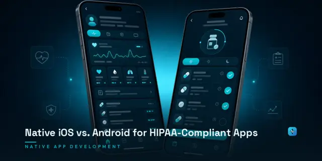 Two angled smartphones displaying healthcare app interfaces with vitals tracking and medication management on a dark navy background