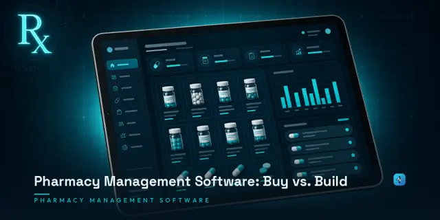 A tablet showing a pharmacy management dashboard with pill bottle inventory, bar charts, and prescription queue on a dark navy background