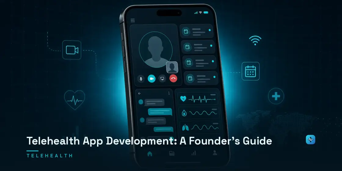 A smartphone displaying a telehealth app interface with video call, appointment scheduling, and patient messaging on a dark navy background