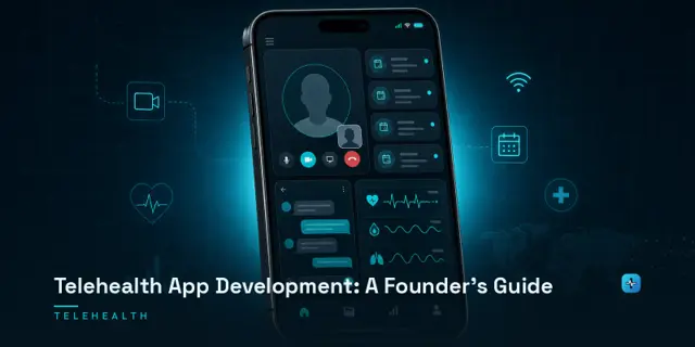 A smartphone displaying a telehealth app interface with video call, appointment scheduling, and patient messaging on a dark navy background