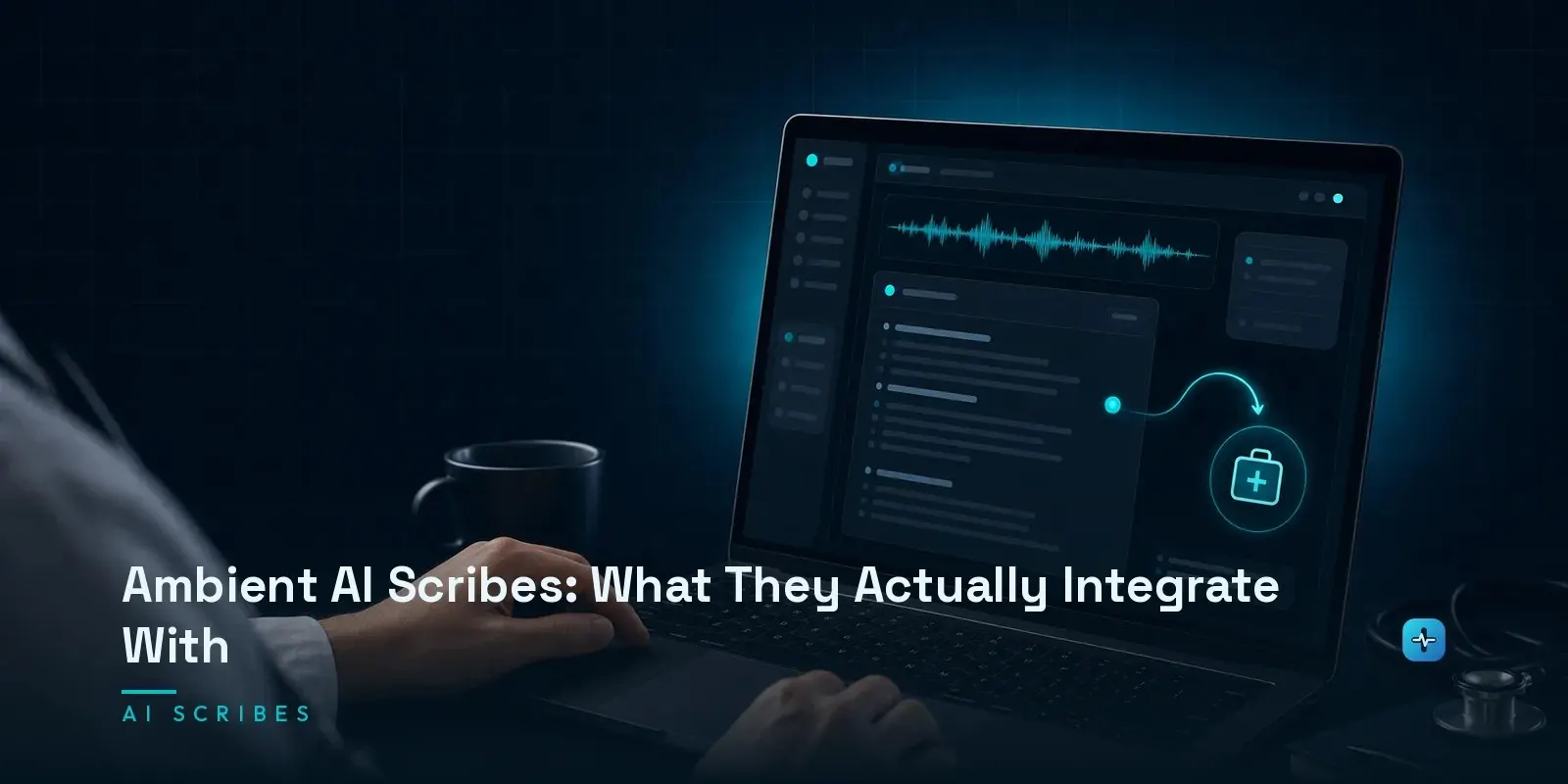 A clinician's hands at a laptop showing an ambient AI scribe writing back into an EHR with a transcription waveform and a note panel on a dark navy background. Hero image for the Hipaasoft article "Ambient AI Scribes: What They Actually Integrate With"