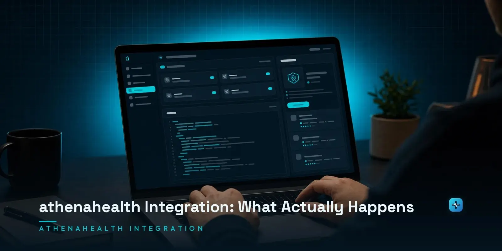A developer at a laptop showing an athenahealth Marketplace integration interface with API connection cards and a listing dashboard on a dark navy background. Hero image for the Hipaasoft article "athenahealth Integration: What Actually Happens"