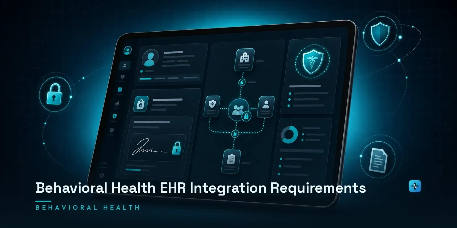 A tablet showing a behavioral health EHR integration interface with 42 CFR Part 2 consent management and a patient consent panel on a dark navy background. Hero image for the Hipaasoft article "Behavioral Health EHR Integration Requirements"