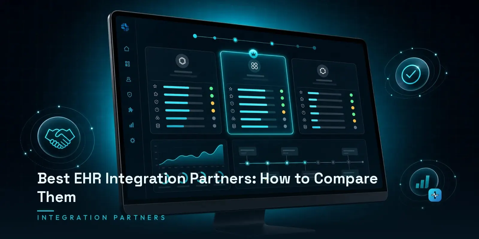 A monitor showing a comparison of EHR integration partner proposals with comparison cards and metrics on a dark navy background. Hero image for the Hipaasoft article "Best EHR Integration Partners: How to Compare Them"