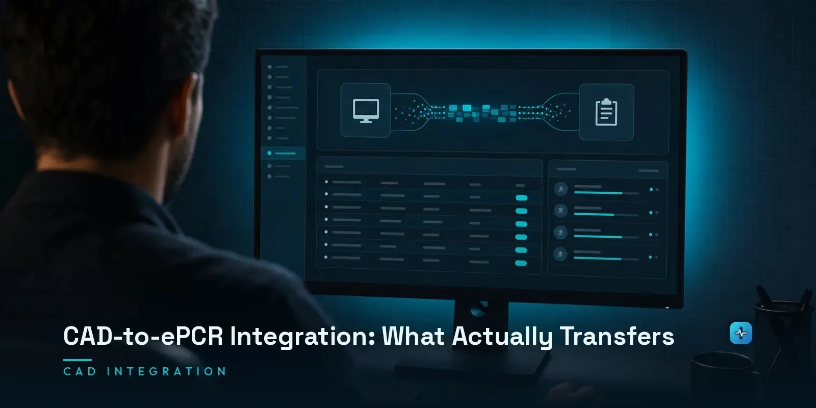A developer at a monitor showing a CAD-to-ePCR integration with a dispatch data flow and field mapping between two systems on a dark navy background. Hero image for the Hipaasoft article "CAD-to-ePCR Integration: What Actually Transfers"