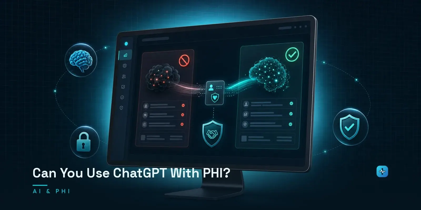 A monitor showing a comparison of consumer and enterprise ChatGPT products with PHI handling, with a split allowed-versus-blocked view on a dark navy background. Hero image for the Hipaasoft article "Can You Use ChatGPT With PHI?"