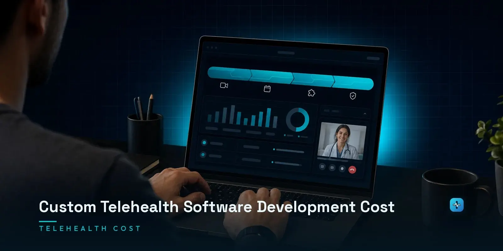 A developer at a laptop showing a telehealth platform cost breakdown with a video call window, scheduling, and EHR integration cost bars on a dark navy background. Hero image for the Hipaasoft article "Custom Telehealth Software Development Cost"