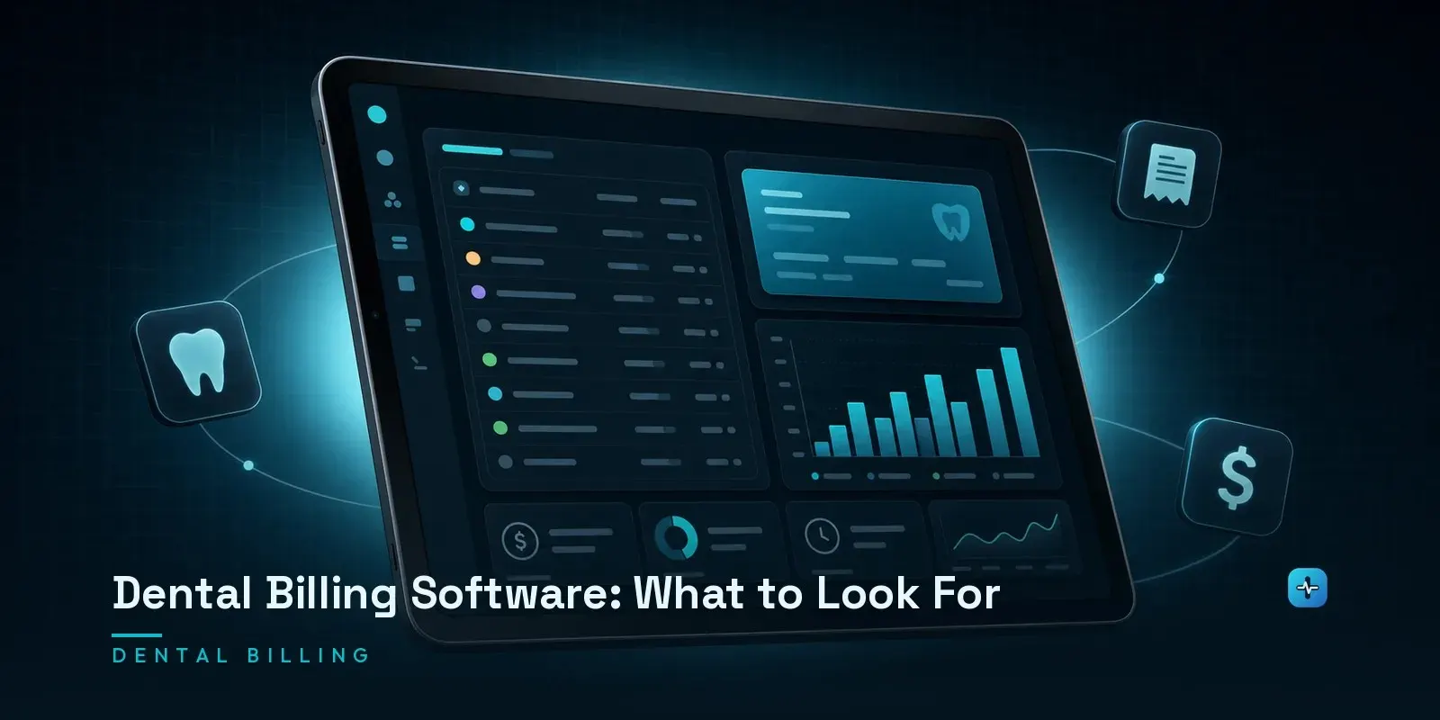 A tablet showing a dental billing dashboard with claims, insurance cards, and a revenue cycle chart on a dark navy background. Hero image for the Hipaasoft article "Dental Billing Software: What to Look For"