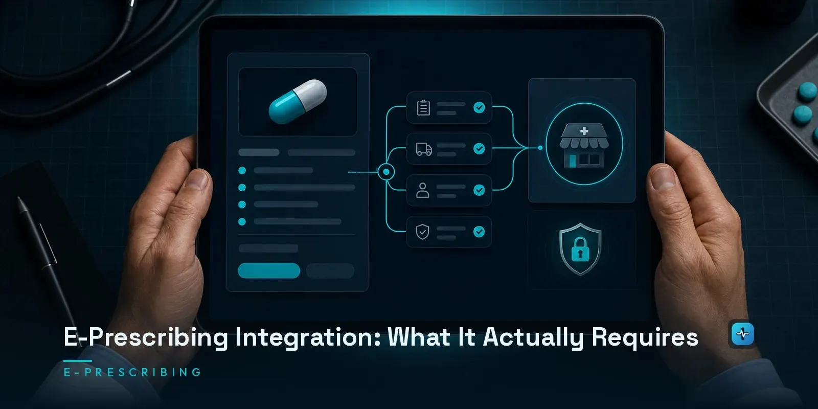 A clinician's hands on a tablet showing an e-prescribing workflow with prescription routing and a controlled-substance security shield on a dark navy background. Hero image for the Hipaasoft article "E-Prescribing Integration: What It Actually Requires"