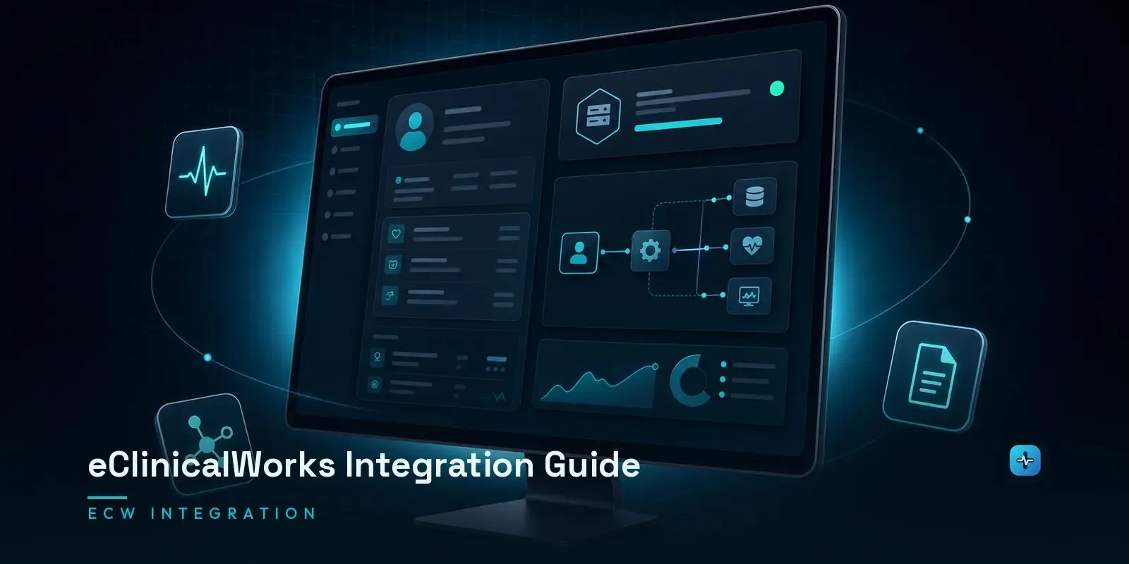 A monitor showing an eClinicalWorks integration interface with patient records, API endpoints, and connection panels on a dark navy background. Hero image for the Hipaasoft article "eClinicalWorks Integration Guide"