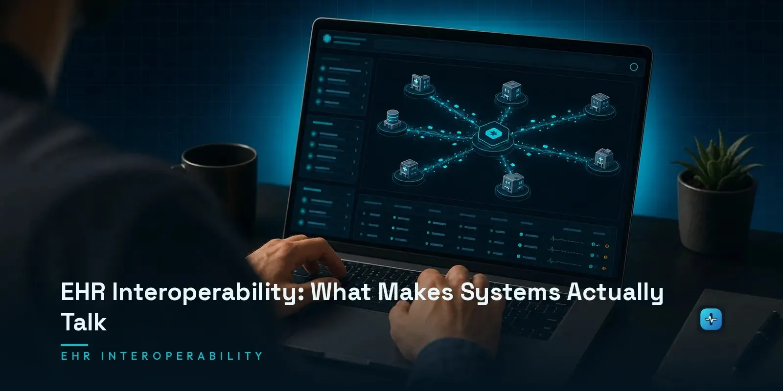A developer at a laptop showing an EHR interoperability dashboard with data flowing between multiple connected healthcare system nodes on a dark navy background. Hero image for the Hipaasoft article "EHR Interoperability: What Makes Systems Actually Talk"