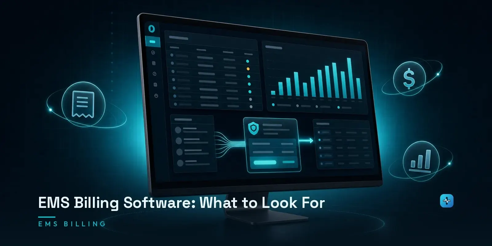 A monitor showing an EMS billing dashboard with a claims queue, reimbursement chart, and prior-claim data panel on a dark navy background. Hero image for the Hipaasoft article "EMS Billing Software: What to Look For"