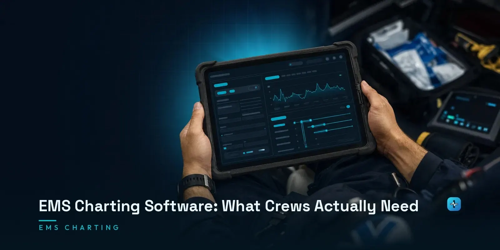 An EMS provider's hands on a rugged tablet showing an EMS charting interface with a patient assessment form and vitals chart on a dark navy background. Hero image for the Hipaasoft article "EMS Charting Software: What Crews Actually Need"