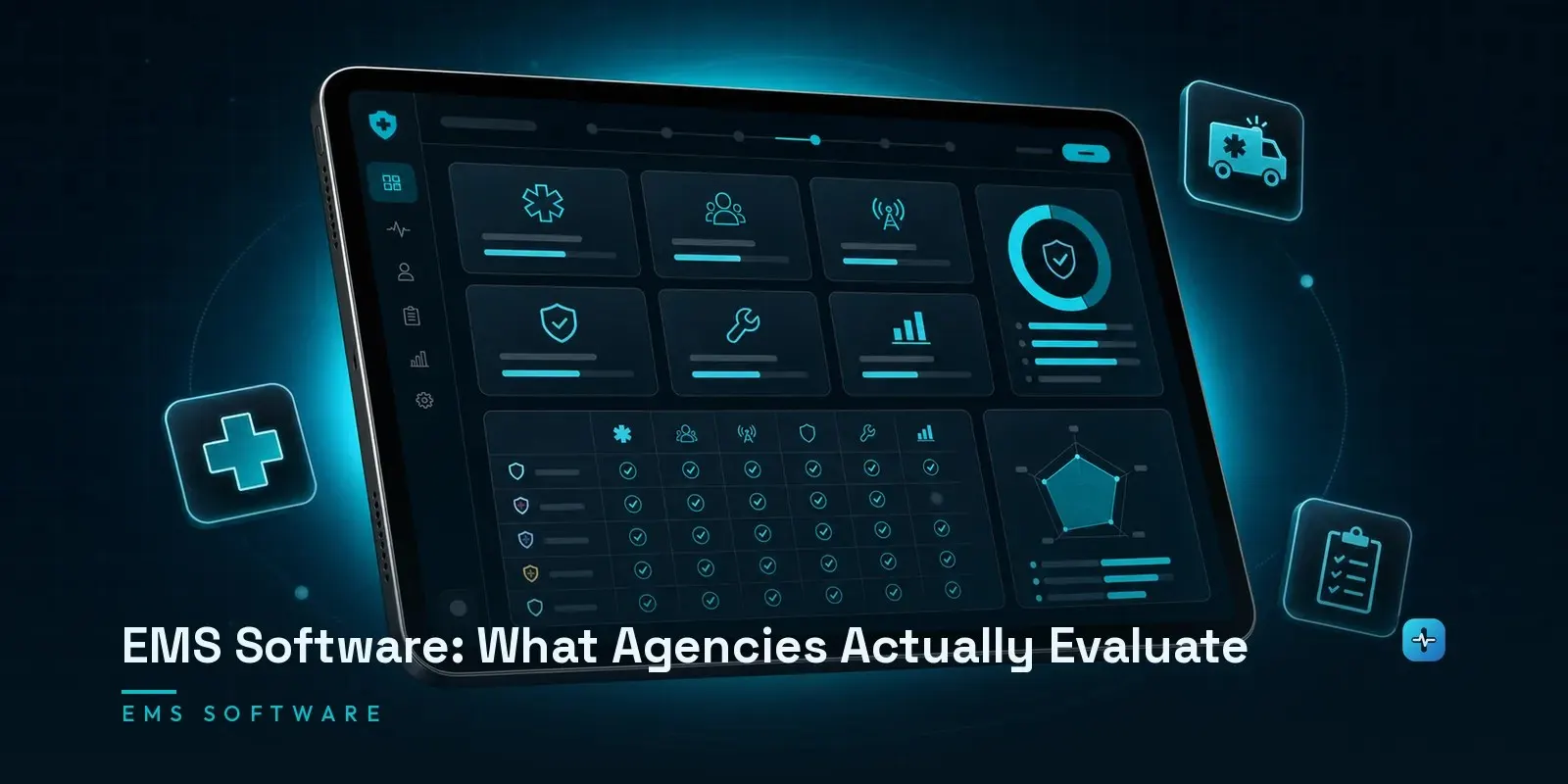 A tablet showing an EMS software evaluation dashboard with six system category cards and a comparison matrix on a dark navy background. Hero image for the Hipaasoft article "EMS Software: What Agencies Actually Evaluate"