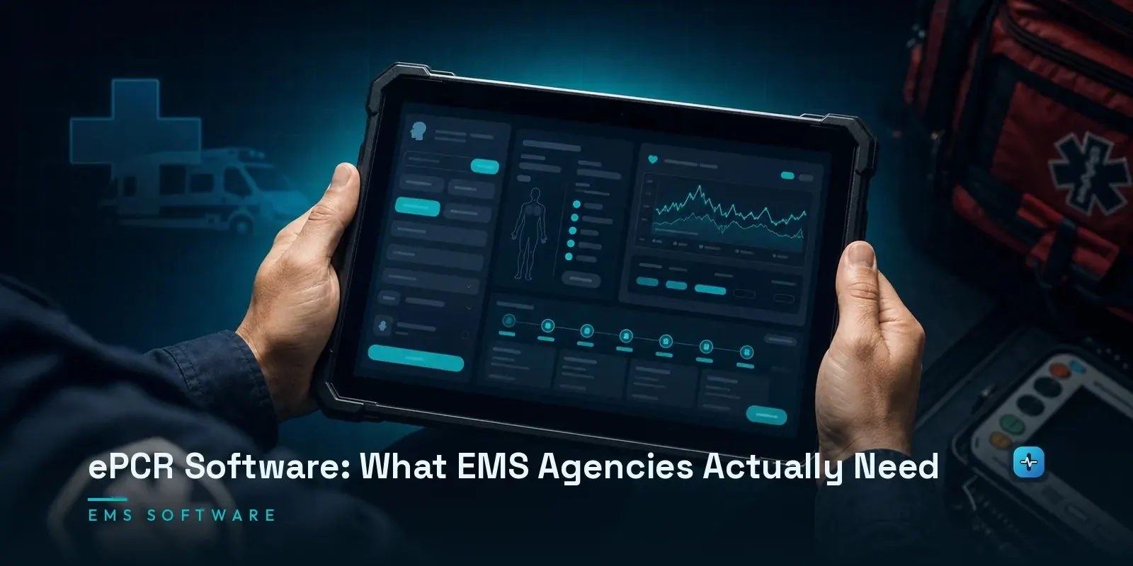 An EMS provider's hands on a rugged tablet showing an ePCR interface with a patient care report and field documentation on a dark navy background. Hero image for the Hipaasoft article "ePCR Software: What EMS Agencies Actually Need"
