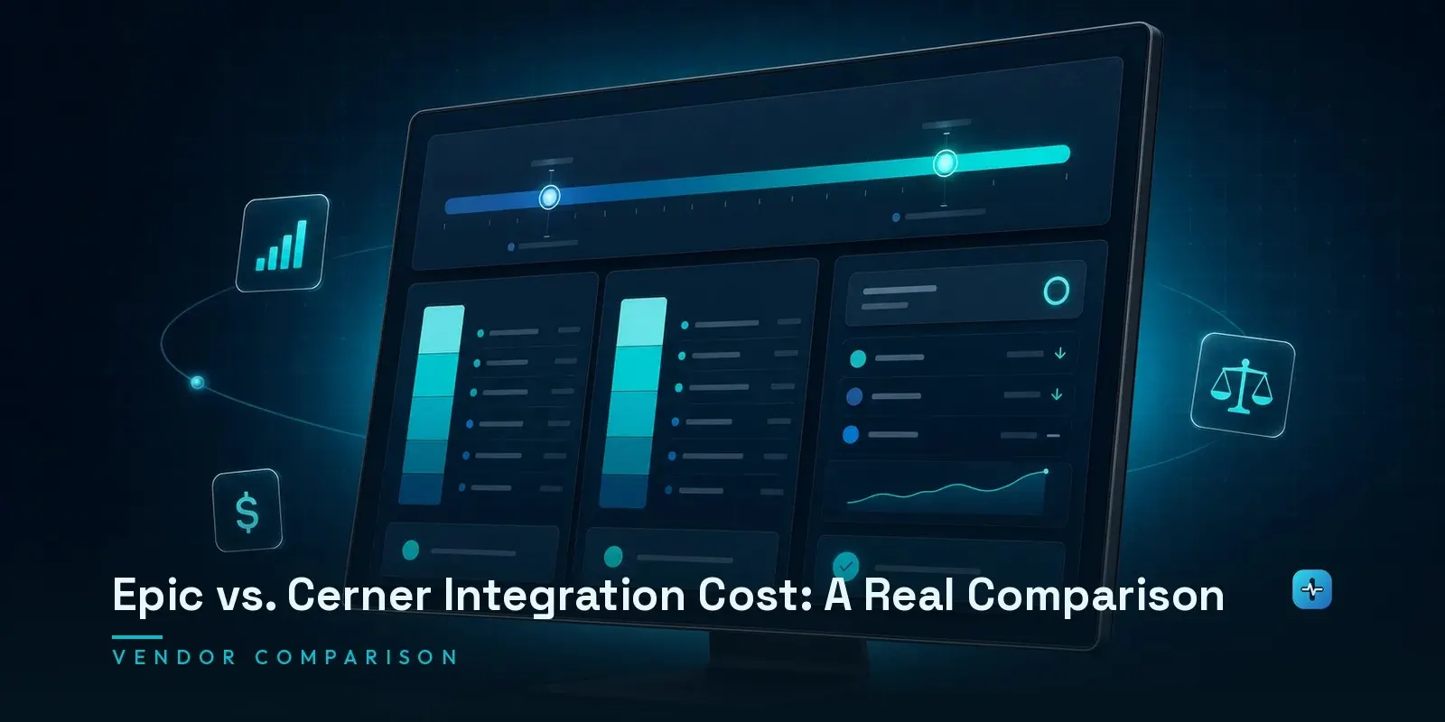 A monitor showing an Epic versus Cerner integration cost comparison dashboard with a pricing spectrum and cost breakdown bars on a dark navy background. Hero image for the Hipaasoft article "Epic vs. Cerner Integration Cost: A Real Comparison"