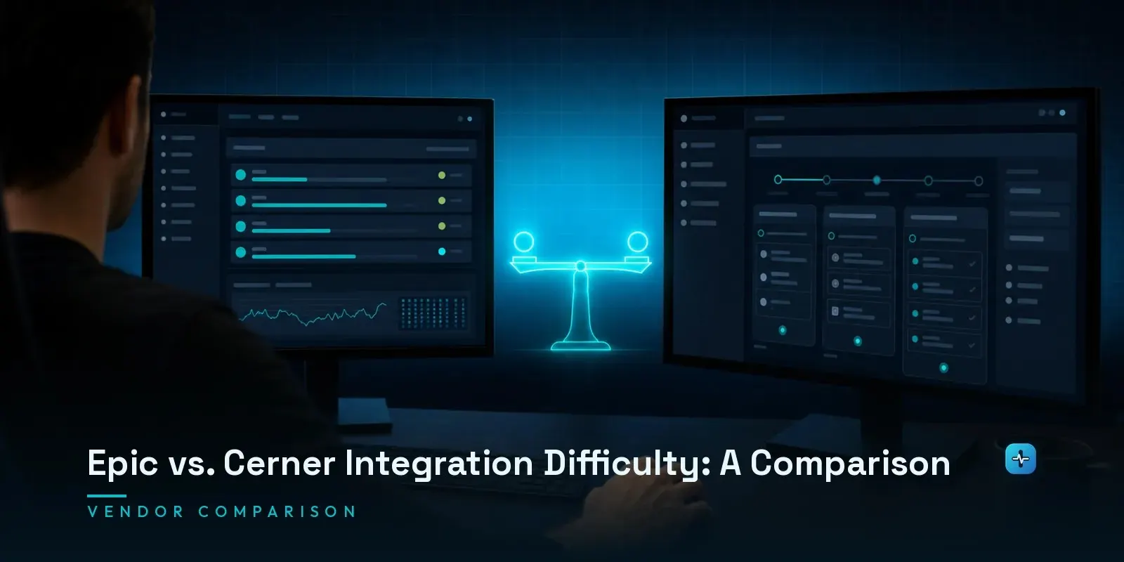 A developer at dual monitors comparing Epic and Cerner integration difficulty with a split-screen comparison view on a dark navy background. Hero image for the Hipaasoft article "Epic vs. Cerner Integration Difficulty: A Comparison"