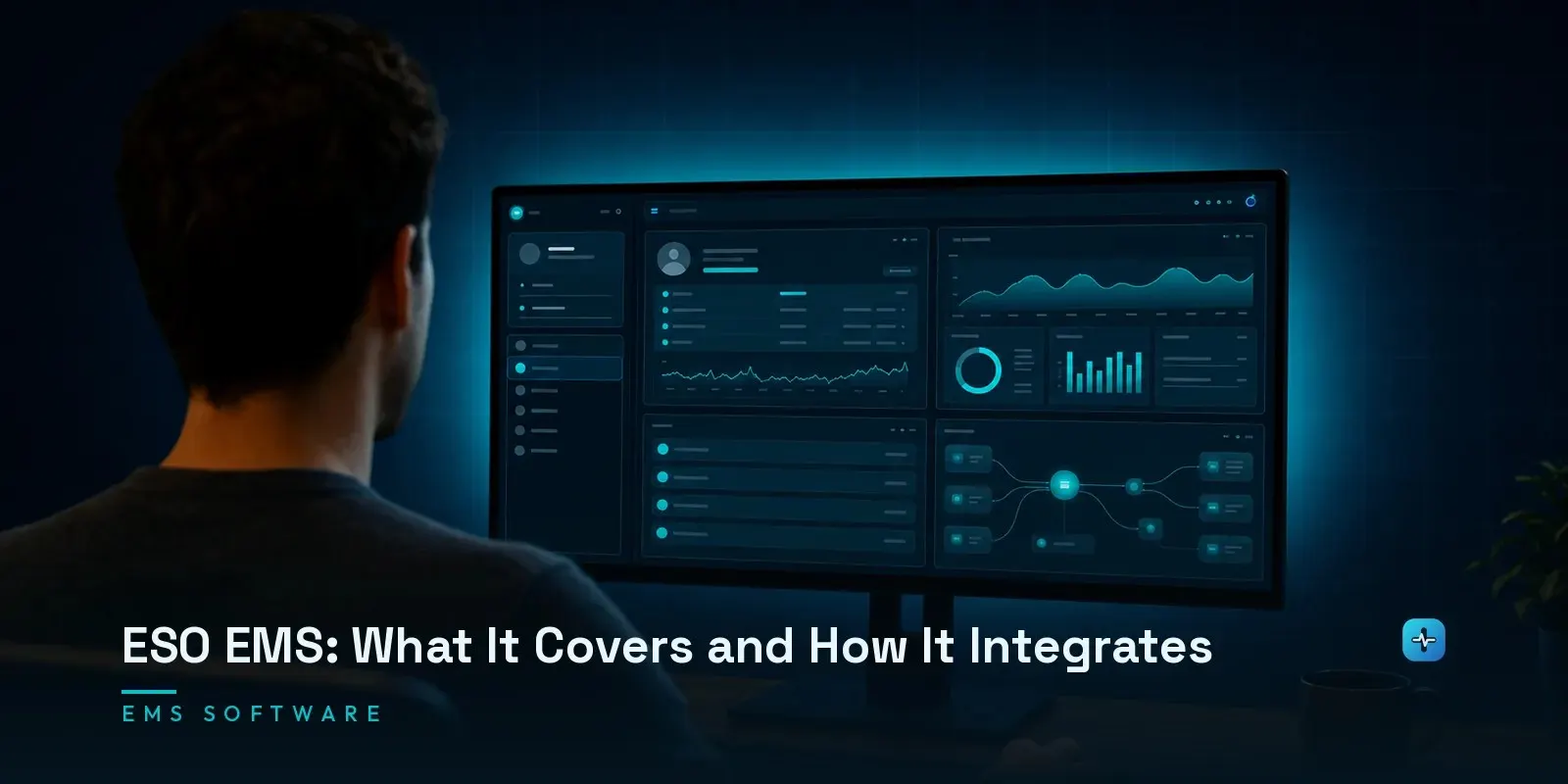 A developer at a monitor showing an ESO EMS product suite interface with patient care, outcomes, and integration panels on a dark navy background. Hero image for the Hipaasoft article "ESO EMS: What It Covers and How It Integrates"