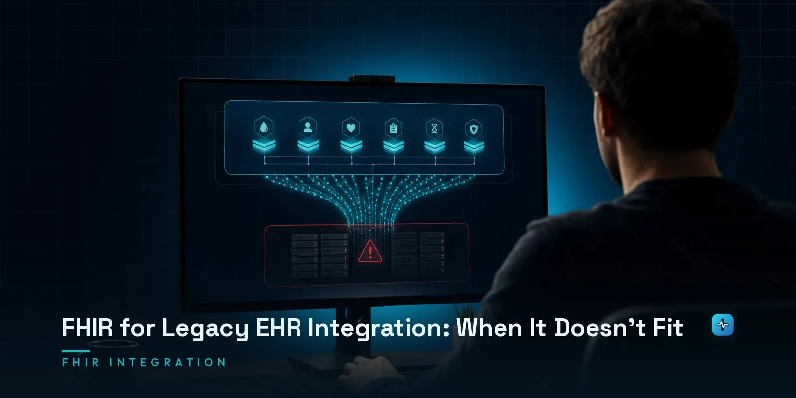 A developer at a monitor showing a FHIR facade layered over a legacy EHR with old server infrastructure on a dark navy background. Hero image for the Hipaasoft article "FHIR for Legacy EHR Integration: When It Doesn't Fit"