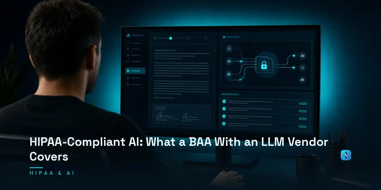 A developer at a monitor showing a BAA agreement interface with an LLM vendor, PHI data-flow diagram, and a compliance panel on a dark navy background. Hero image for the Hipaasoft article "HIPAA-Compliant AI: What a BAA With an LLM Vendor Covers"