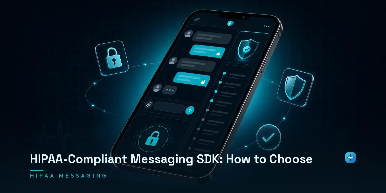 A smartphone showing a secure messaging interface with encryption icons, a shield, and an audit log on a dark navy background. Hero image for the Hipaasoft article "HIPAA-Compliant Messaging SDK: How to Choose"