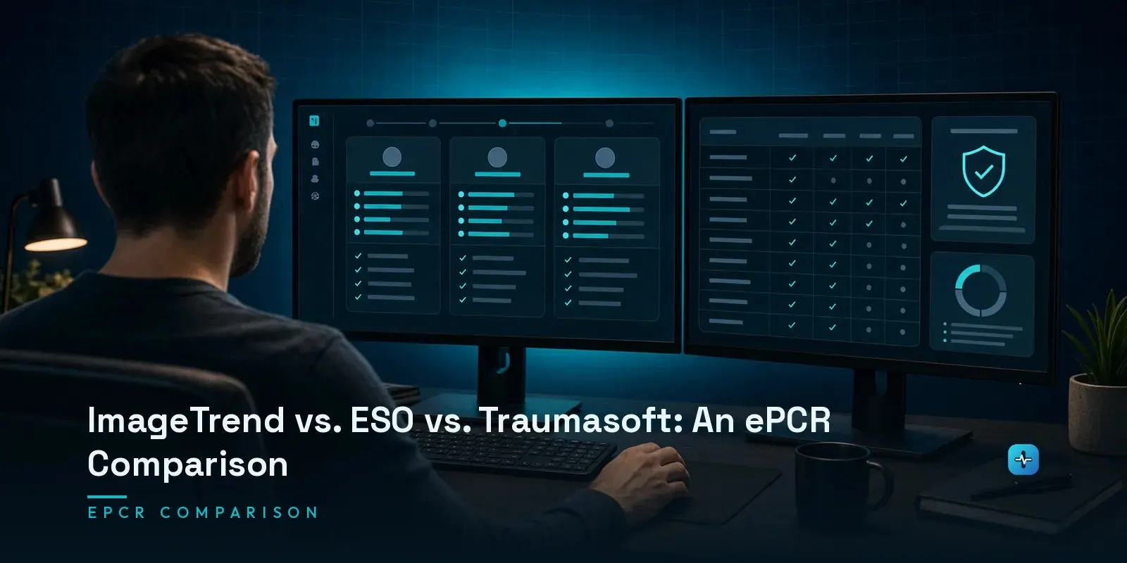 A developer at dual monitors comparing ImageTrend, ESO, and Traumasoft ePCR products with three comparison cards on a dark navy background. Hero image for the Hipaasoft article "ImageTrend vs. ESO vs. Traumasoft: An ePCR Comparison"