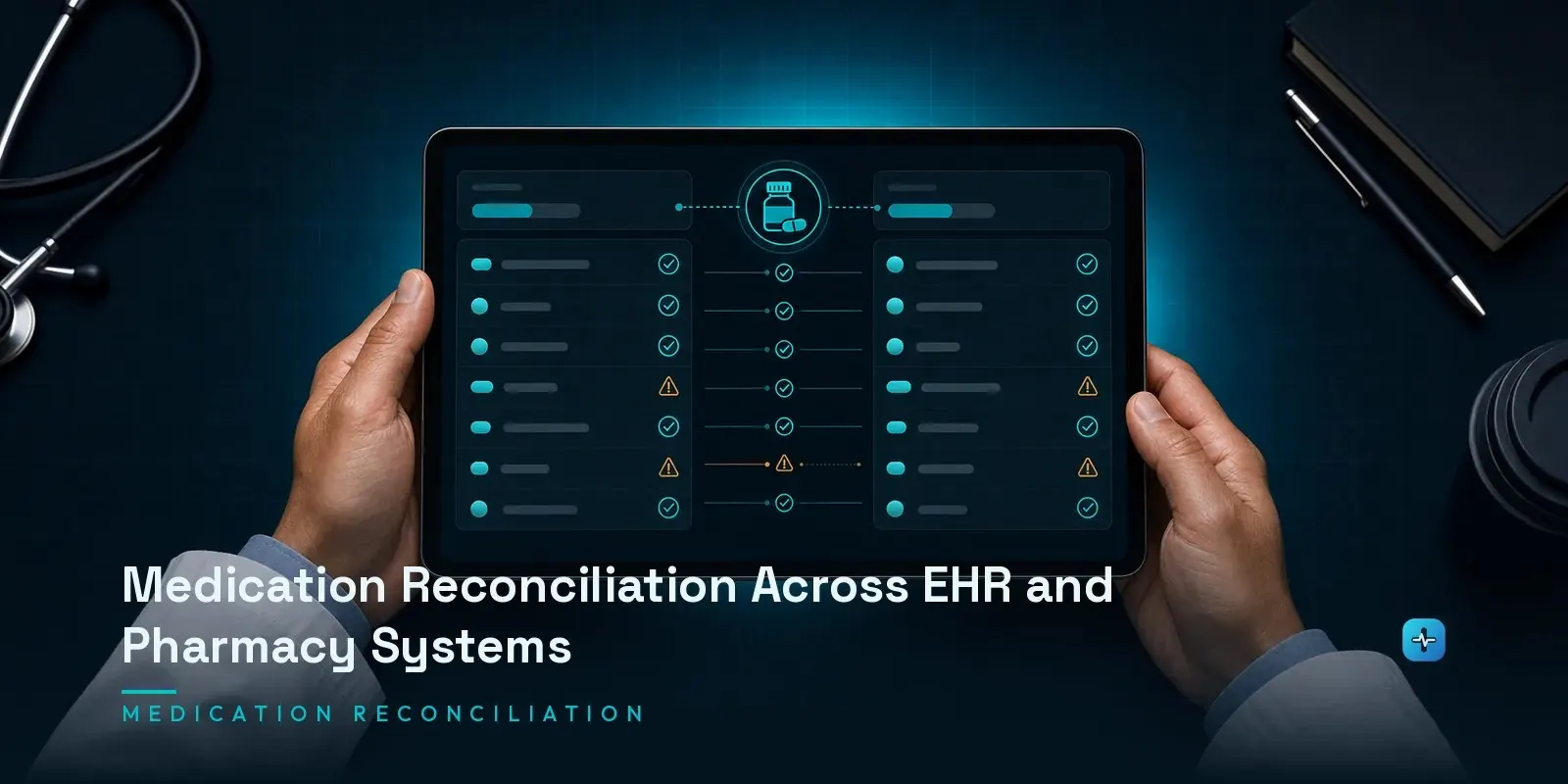 A clinician's hands on a tablet showing a medication reconciliation interface comparing medication lists from EHR and pharmacy systems on a dark navy background. Hero image for the Hipaasoft article "Medication Reconciliation Across EHR and Pharmacy Systems"