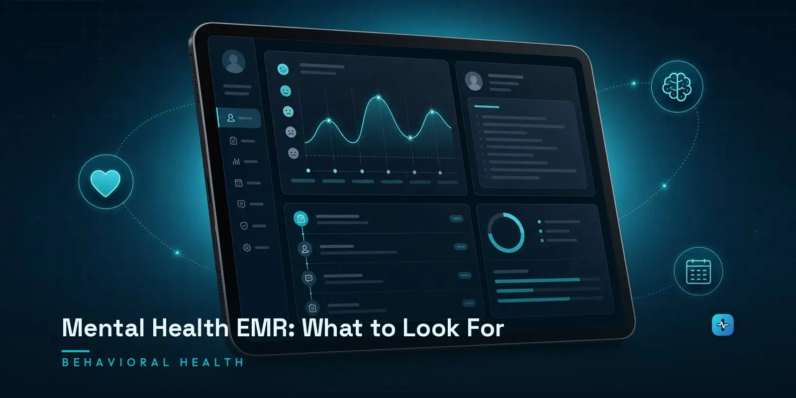 A tablet showing a behavioral health EMR dashboard with mood tracking, therapy notes, and a patient timeline on a dark navy background. Hero image for the Hipaasoft article "Mental Health EMR: What to Look For"