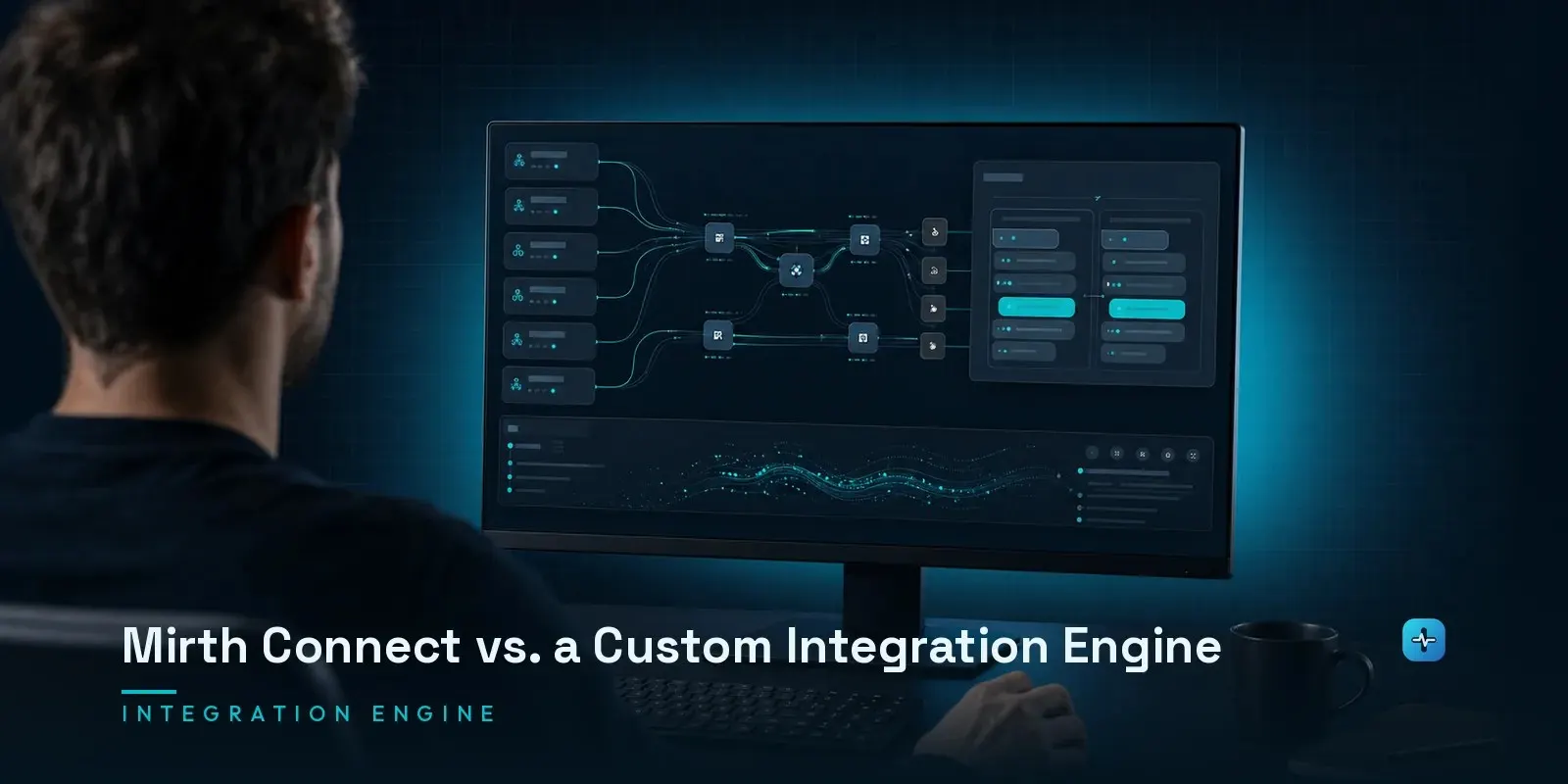 A developer at a monitor showing an integration engine comparison with message routing channels and interface connections on a dark navy background. Hero image for the Hipaasoft article "Mirth Connect vs. a Custom Integration Engine"