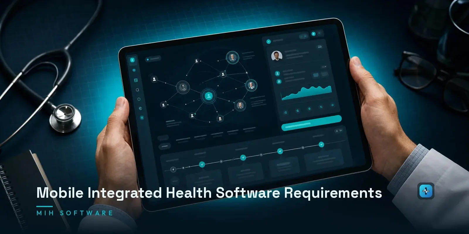 A clinician's hands on a tablet showing a mobile integrated health interface with a coordinated care network and patient panels on a dark navy background. Hero image for the Hipaasoft article "Mobile Integrated Health Software Requirements"