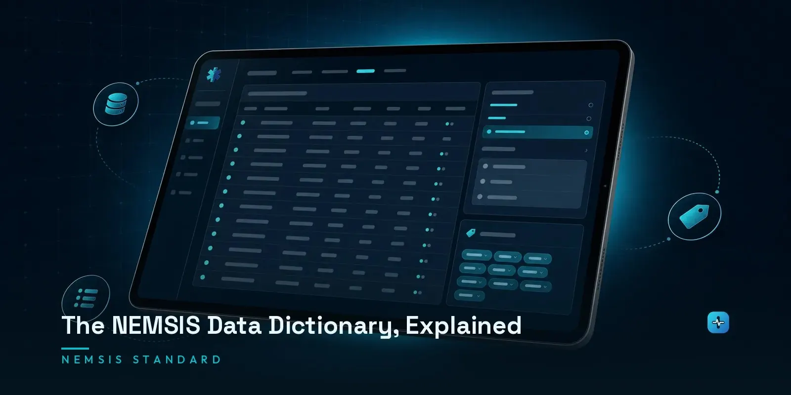 A tablet showing a NEMSIS data dictionary interface with element specifications, data type panels, and value sets on a dark navy background. Hero image for the Hipaasoft article "The NEMSIS Data Dictionary, Explained"