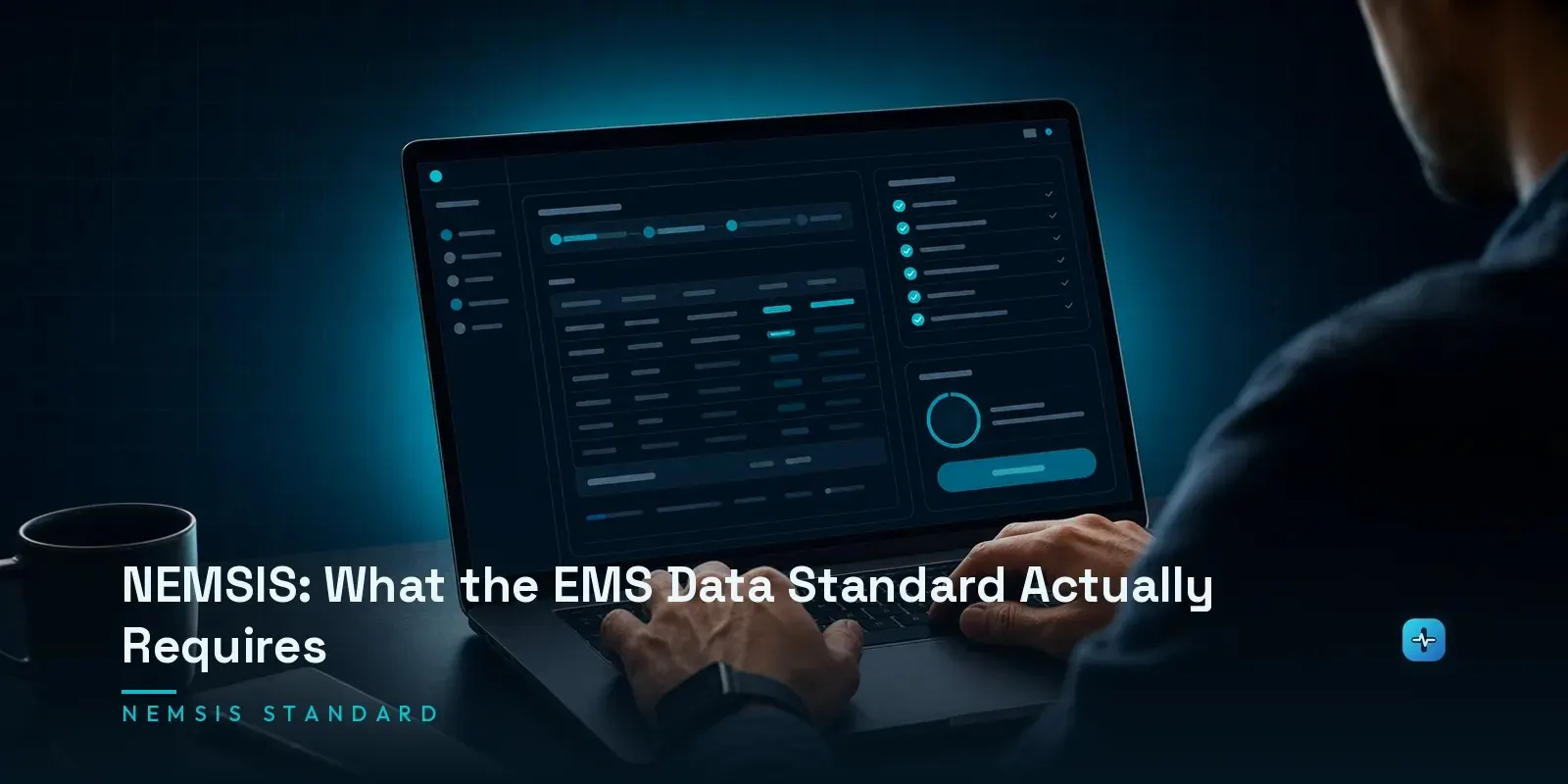A developer at a laptop showing a NEMSIS data standard interface with ePCR data elements and a conformance checklist on a dark navy background. Hero image for the Hipaasoft article "NEMSIS: What the EMS Data Standard Actually Requires"