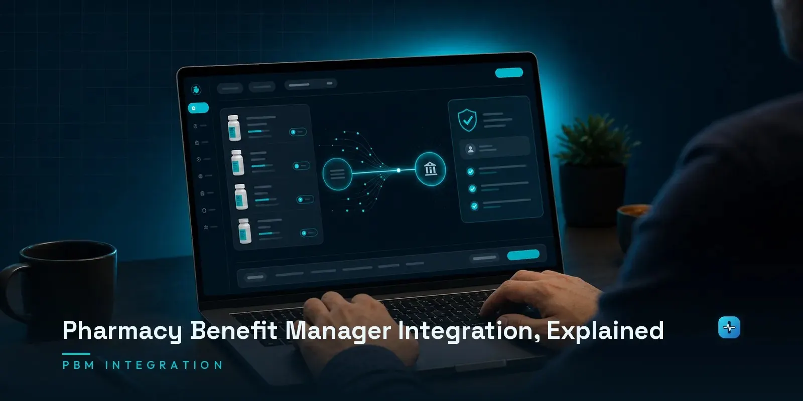 A developer at a laptop showing a pharmacy benefit manager integration with formulary data and an NCPDP telecommunication standard diagram on a dark navy background. Hero image for the Hipaasoft article "Pharmacy Benefit Manager Integration, Explained"