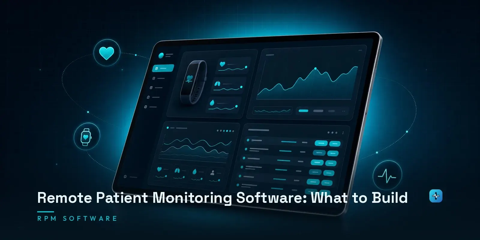 A tablet showing a remote patient monitoring interface with a wearable device, vitals charts, and a billing panel on a dark navy background. Hero image for the Hipaasoft article "Remote Patient Monitoring Software: What to Build"