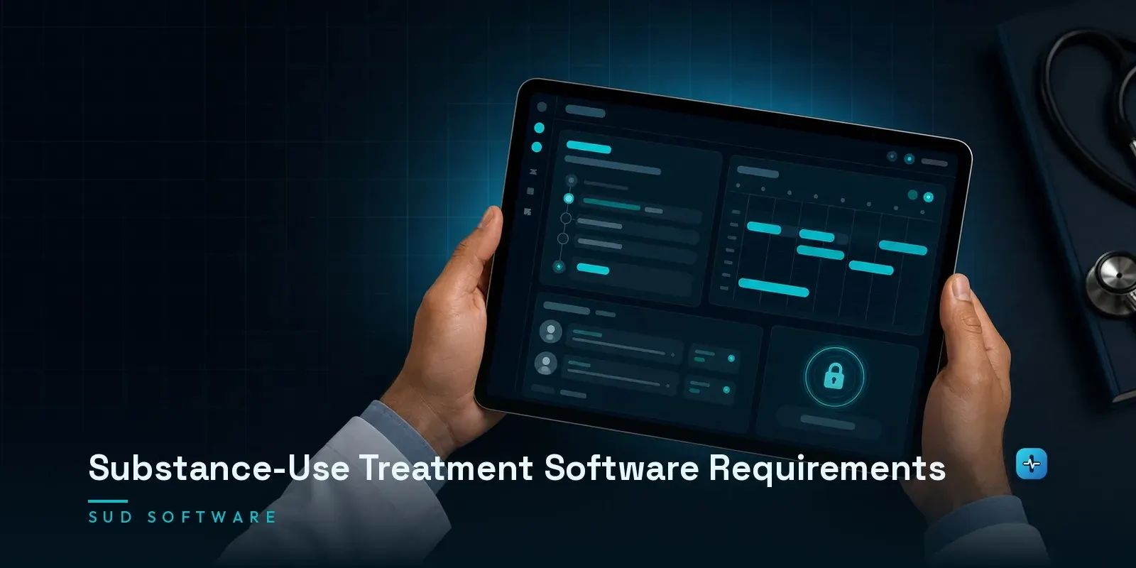 A clinician's hands on a tablet showing a substance-use treatment software interface with treatment plans, group therapy scheduling, and confidentiality indicators on a dark navy background. Hero image for the Hipaasoft article "Substance-Use Treatment Software Requirements"