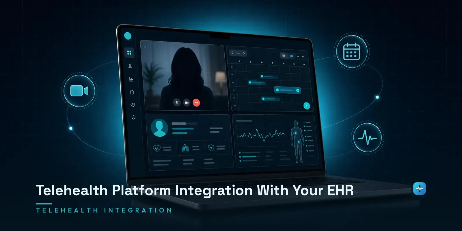 A laptop showing a telehealth video call window integrated with an EHR scheduling and patient panel on a dark navy background. Hero image for the Hipaasoft article "Telehealth Platform Integration With Your EHR"