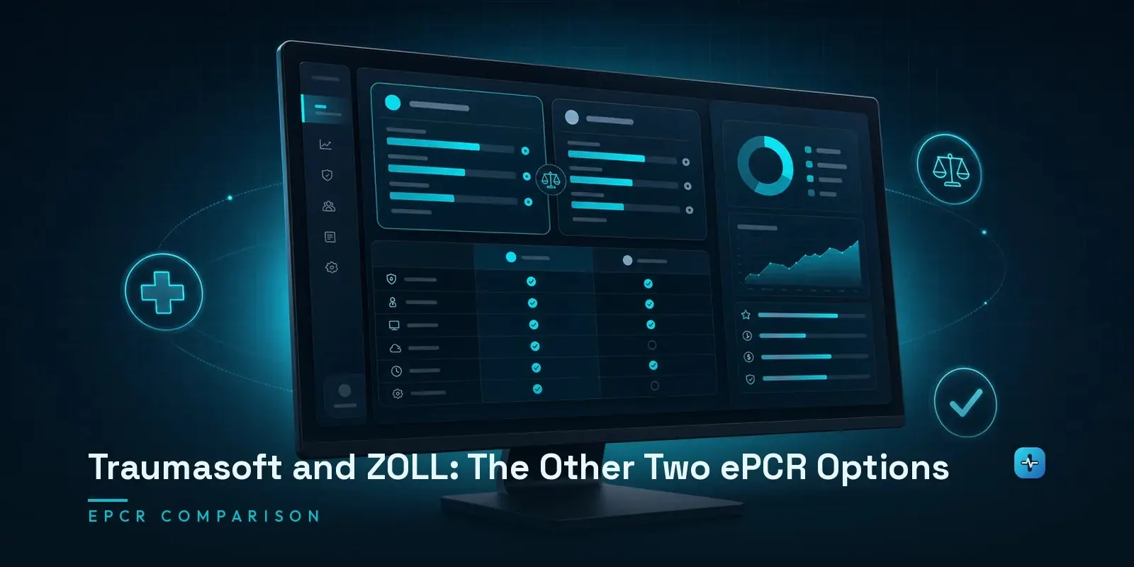 A monitor showing a comparison of Traumasoft and ZOLL ePCR products with side-by-side comparison cards and feature panels on a dark navy background. Hero image for the Hipaasoft article "Traumasoft and ZOLL: The Other Two ePCR Options"