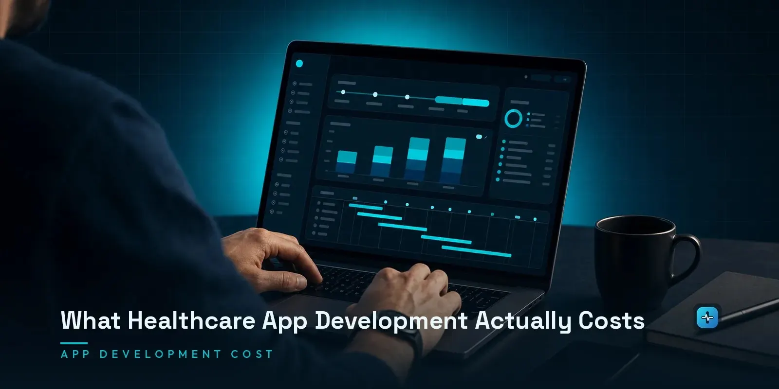 A developer at a laptop showing a healthcare app development cost breakdown dashboard with cost spectrum segments and a timeline on a dark navy background. Hero image for the Hipaasoft article "What Healthcare App Development Actually Costs"